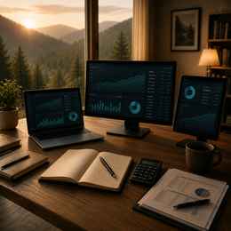 Multiple screens showing investment portfolio charts in a warm mountain-view workspace