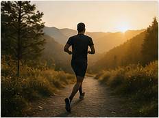 Runner on a mountain trail at sunrise